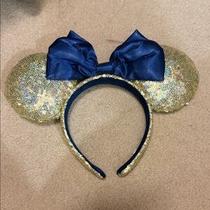 Gold Sequin Mickey Mouse Ears with Blue Bow